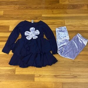 Mignone Girl’s Set Navy Dress With Silver Flower And Matching Leggings Size 4T